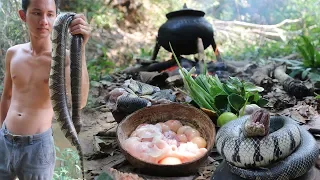 Primitive Technology: Find snake in river - Cooking snake sour soup eating delicious