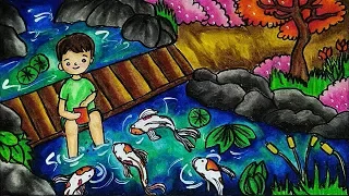 Cara Menggambar dan Mewarnai TEMA PEMANDANGAN KOLAM IKAN KOI dengan Oil Pastel yang Bagus dan Mudah