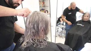 OLDER WOMAN WANTS SHORT TRENDY BOB HAIRCUT - GREY BOB CUT NO BANGS NO LAYERS