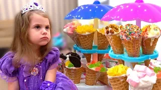 Eva pretends to be a princess and plays in a real ice cream shop