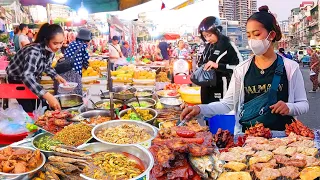 Cambodia Cheap Street Food - BBQ Chicken, Fish, Beef, Soup, & More - Dinner Foods in Phnom Penh