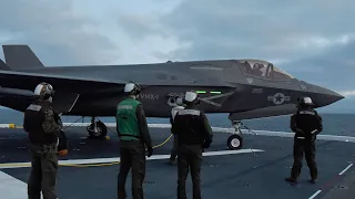 U.S. Marine Corps F-35B Lightning II aircraft conduct flight operations aboard USS Tripoli (LHA 7)