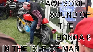 Earsplitting Honda 6 cylinder 250 RC166 starting up at Jurby during the Manx Grand Prix Classic Race