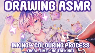 Drawing ASMR | Inking+ Colouring Process|  Real Time & No Talking