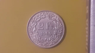 2 Франка Серебро Швейцария 1944 (2 francs 1944 Switzerland)