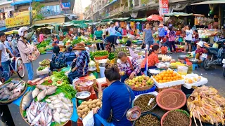 Cambodian Food Market in Phnom Penh City - Fish, Seafood, Pork, Chicken, Vegetable, Fruit & More