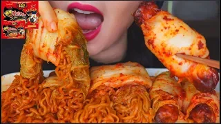 ASMR EATING KIMCHI WRAPPED NUCLEAR FIRE NOODLES + HOT DOG SAUSAGE | 咀嚼音 | 먹방