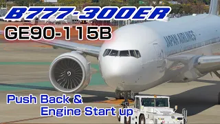 B777-300ER pushback and deep bass GE90 engine start! JAL Fukuoka Airport