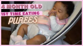 MAKING AND FEEDING MY 4 MONTH OLD HOMEMADE BABY FOOD PUREES | 1ST TIME | BREASTFED BABY