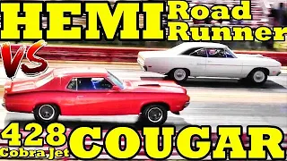 Which is FASTER ??? 70 Hemi Road Runner or 70 428 Cobra Jet Cougar - 1/4 Mile Drag Race - RoadTestTV