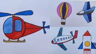 Air transport vehicles drawing for kids. Helicopter, aeroplane, hotair balloon , jet, rocket drawing