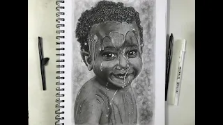 Water dripping down the face of a boy.Hyperrealistic charcoal drawing