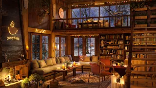 Winter Coffee Shop Bookstore Ambience 🔥Instrumental Jazz Music with Fireplace to Relax and Chill