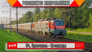 Фирменные поезда и электрички Рязанского направления на фоне наступающего заката.