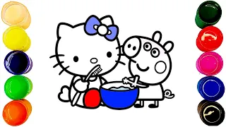 Hello Kitty and Peppa Pig Brushing Their Teeth, Coloring for Kids and Toddlers