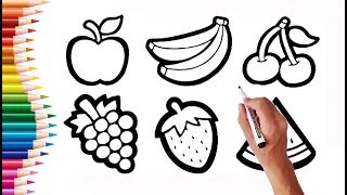 Drawing and Coloring fruits very quickly step by step🍎🍌🍒🍇🍓🍉🌈