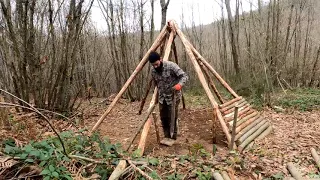 Build Hunter's Cabin with Fireplace   Jungle Refuge of Wood and Clay Part 1 #### 15