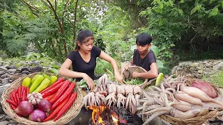 This is Tasty Octopus Recipe with frying pork meat inside & grilling on rock + 5 More Cooking videos