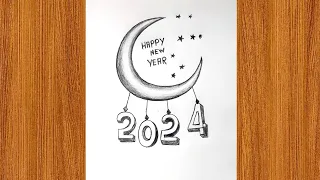 Happy New year drawing 2024 // new year drawing pencil sketch tutorial // new year drawing 2024