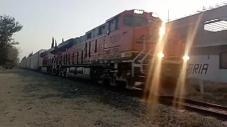 Tren automotriz incrementando potencia con locomotoras BNSF 7001, 8359 - Pabellón de Arteaga, Ags.