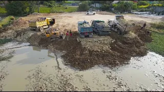 Amazing strong machinery bulldozer komatsu Clearing Land pushing land truck Stuck in the mud