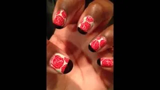 Red, black and white rose French tip stamping design