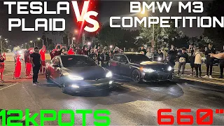 TESLA PLAID VS BMW M3 COMP 12KPOTS #racing #mexico #bmw #tesla #turbo #digitalart