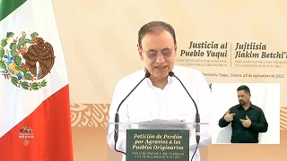Alfonso Durazo  Gob de Sonora  Petición de perdón por agravios a los pueblos originarios 28 sep 2021