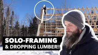 DROPPING LUMBER from 28 FEET! Solo-Framing The Peak of Our Gable Wall | Our Off-Grid A-frame Home