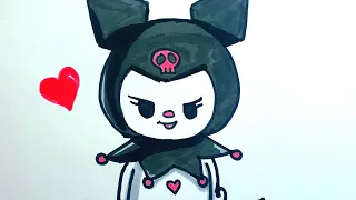 easy step by step drawing of Kuromi, Wie zeichnet man Kuromi? Kuromi'nin adım adım kolay çizimi