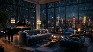 Urban Oasis | Night Rain on Window with City Piano Sounds | Cozy Room Ambience | Night Ambience