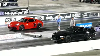 Black Ford Mustang Vs. Porsche Cayman 718 GTS 4.0L N/A Flat 6 Drag Race - Las Vegas 6-2-2023 4K UHD