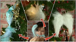 DIY ELEGANT FEATHERED CHRISTMAS ORNAMENTS/ Angel wings, a swan and a peacock tree topper!