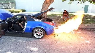 MAKING MY 350z SHOOT HUGE FLAMES & CATCHES ON FIRE (AUDIO WARNING - LOUD)