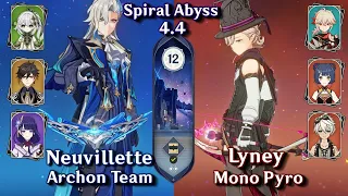 C0 Neuvillette Hyperbloom & C0 Lyney Mono Pyro | Spiral Abyss 4.4 Floor 12 9 Stars | Genshin Impact