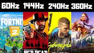 60hz vs 144hz vs 240hz vs 360hz monitor red dead redemption 2 , fortnite , cyberpunk 2077 , valorant