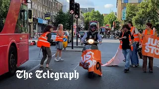 Moped smashes through Just Stop Oil sign as protests continue