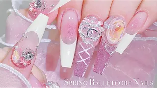 sub) Ballet Core Nails for Spring🎀💛/🇰🇷Korean Nails / Extension Nails / Nail Art / Self-Nails / ASMR