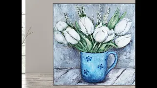 Painting in Acrylic/ Step by Step Still Life with Tulips/ Texture /MariArtHome