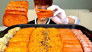 ASMR 매콤한 비빔면과 통훈제삼겹살 스팸 김치고기만두 해쉬브라운 먹방~!! Spicy Noodles With Smoked Pork Spam Hash Brown MuKBang~!!