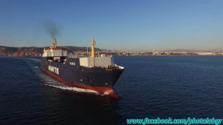 Aerial (drone) video - Ro/Ro Pelagitis leaving Piraeus port