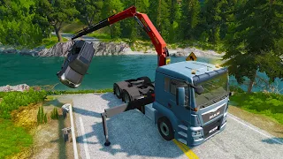 Crane Truck Car Rescue - Cars Vs Cliff Roads - BeamNG.Drive