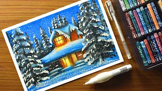 Snowfall scenery drawing with Oil Pastels - step by step- Oil Pastels Winter Snowy Scenery Drawing