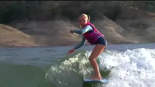 Eight-year-old Kenzie Hickey competes at World Wake Surfing Championship