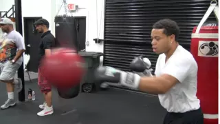 Kevin Newman II shows his skill on double end bag inside Mayweather Boxing Club