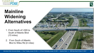 Public Meeting video for the Turnpike Widening from South of I 595 to Wiles  Road PD&E Study