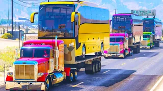 3 Bus Transportation on Flatbed Truck with Red Spiderman - Bus vs Deep Water - GTA V Gameplay #18