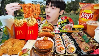 ASMR MUKBANG | FIRE NOODLES & Cheetos, Fried Chicken, burger, Cheese stick, Convenience, McDonald's