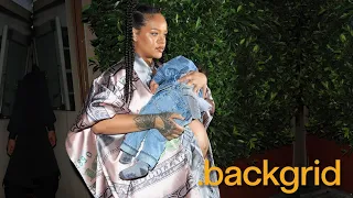 Rihanna shows off baby bump with son RZA in her arms arriving at Giorgio Baldi