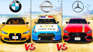 Mercedes AMG GT63 vs BMW M4 Competition vs Police Nissan GTR Nismo - GTA 5 Mods Which is best?